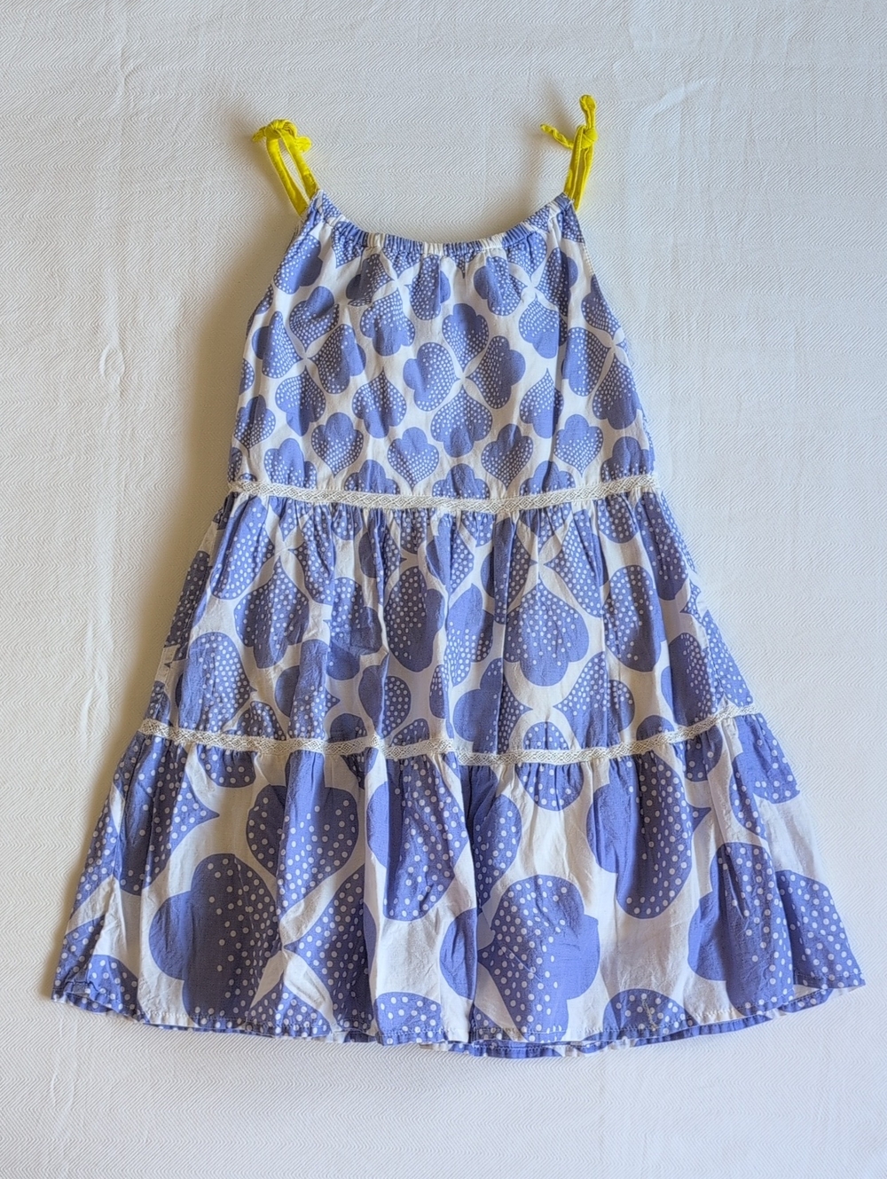 Mini Boden Girls 4-5Y Blue White Lace Trimmed Tiered Cotton Dress